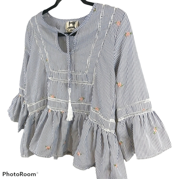 Jaase Boho Pinstripe Floral Ruffle Blouse Top - XS - Picture 2 of 8